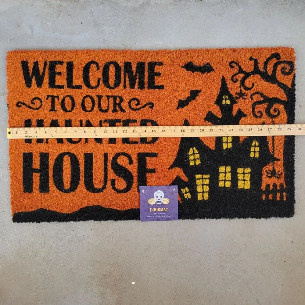 Halloween Welcome To Our Haunted House Outdoor Coir Doormat Mat 18x30 Orange Bla